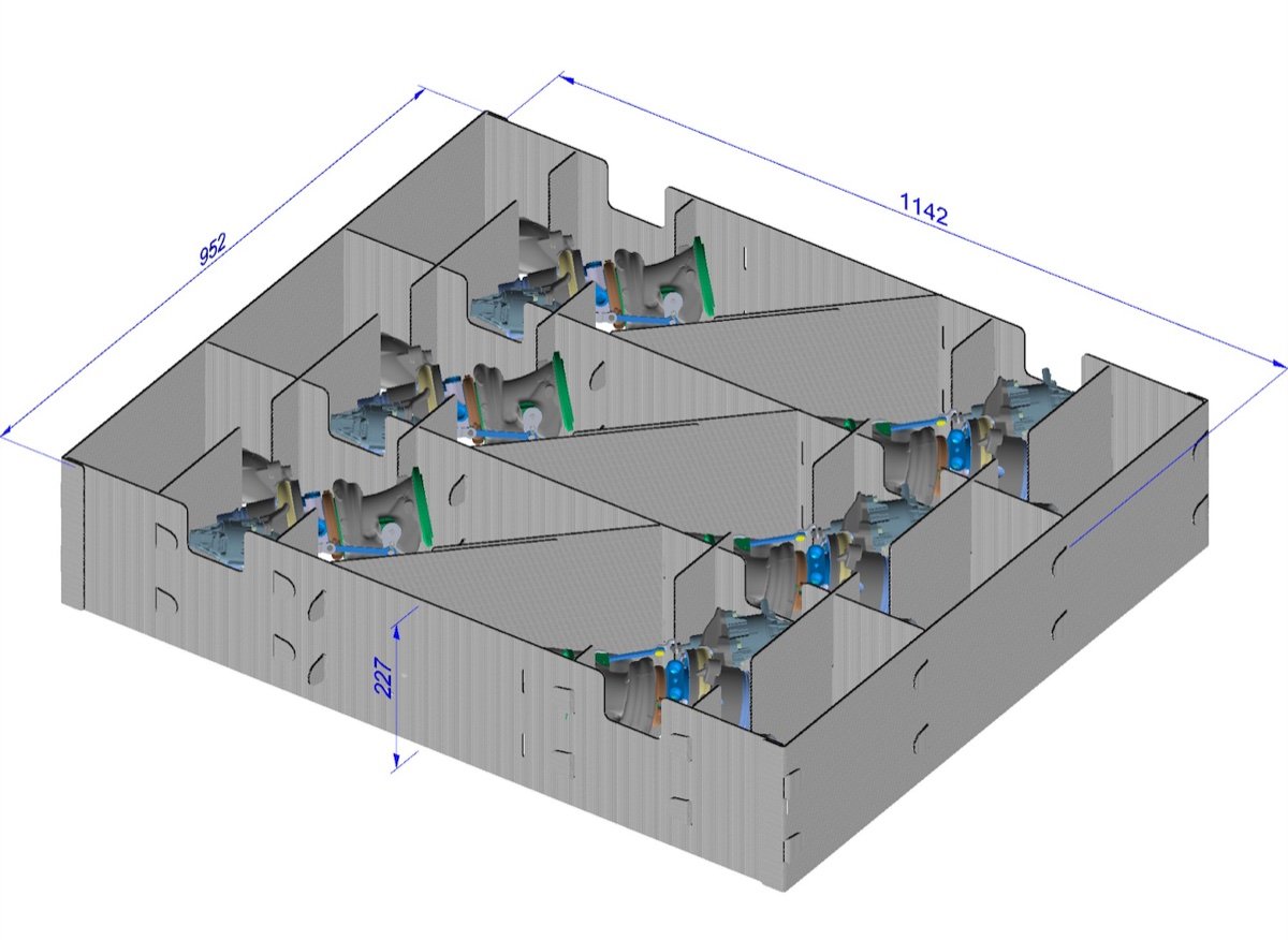 3D design of a returnable box with corrugated plastic dividers holding turbochargers