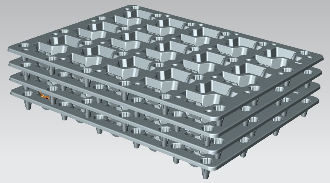 3D design of four stacked vacuum-formed polypropylene trays, each with pockets for 60 parts
