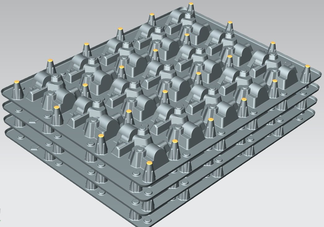 The same tray stack turned 180 degrees, showing the stacking cones