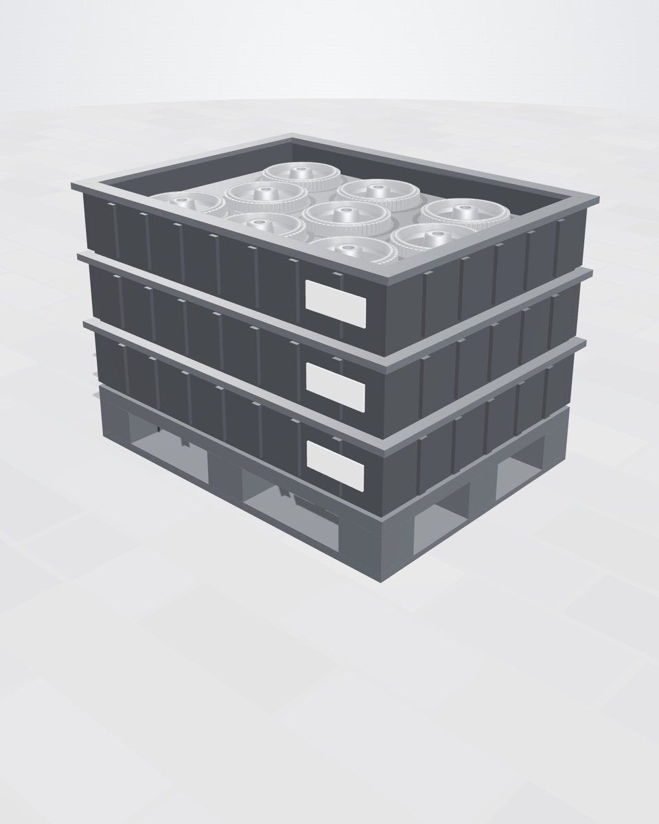 3D model of returnable twinsheet trays stacked on a pallet