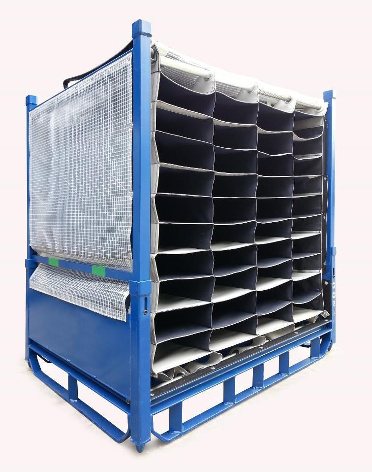 Blue steel rack with rows of partition pockets for individual parts