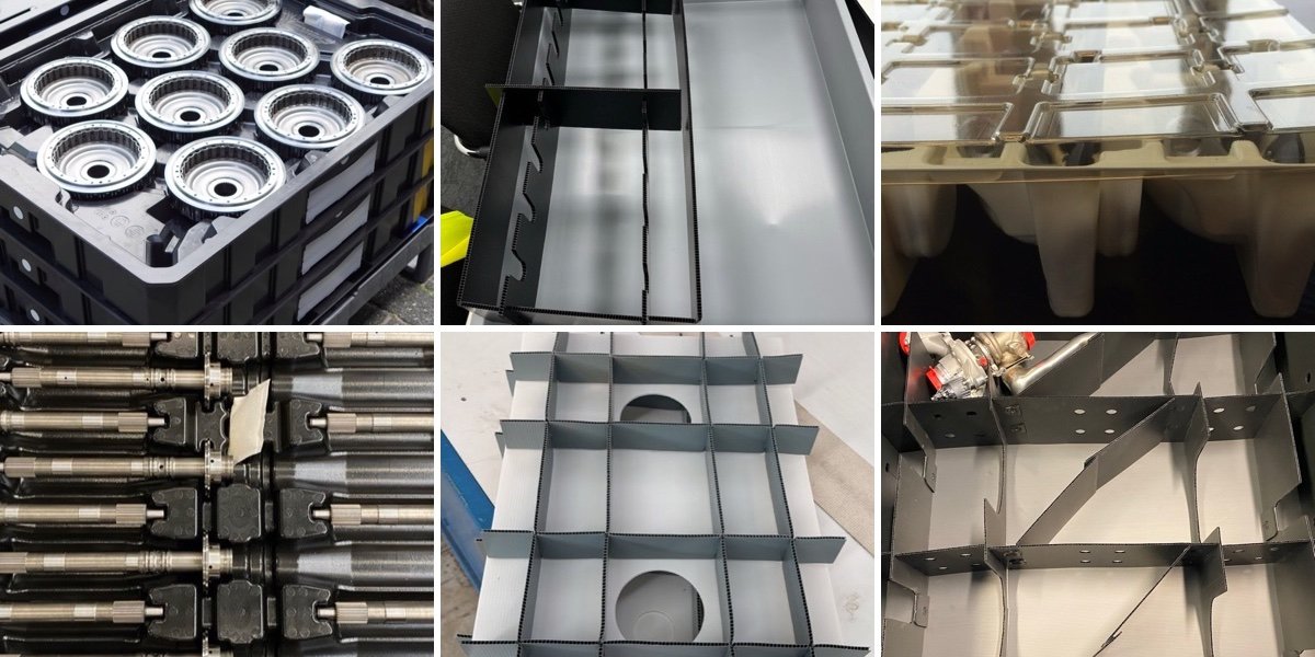 Returnable packaging from our projects: twinsheet trays, PP corrugated dividers, a vacuum-formed tray and compartment inserts