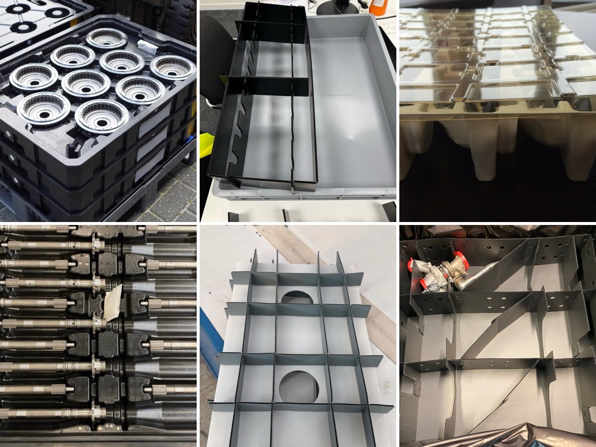 Returnable packaging from our projects: twinsheet trays, PP corrugated dividers, a vacuum-formed tray and compartment inserts