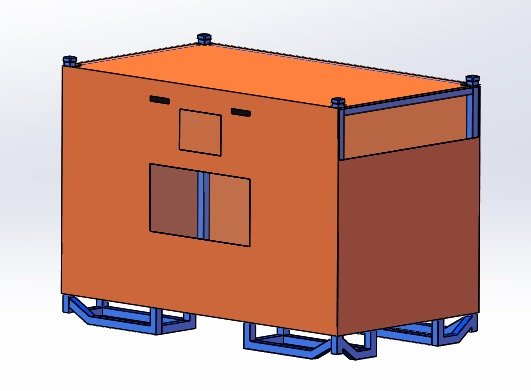 3D design of a returnable tarpaulin cover with a document window on a wire cage, from a Scania cage hood project
