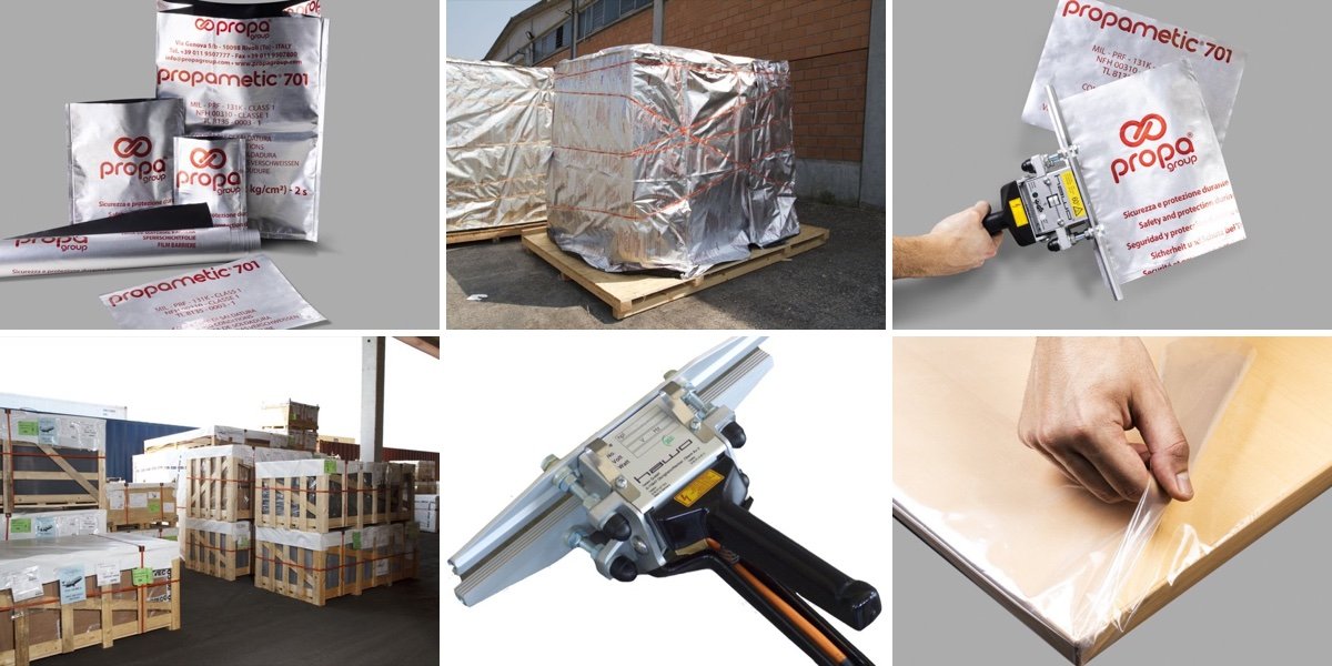 The Propametic barrier film family: bags and film, a crate sealed in barrier film, bag sealing and the hot-bar sealer