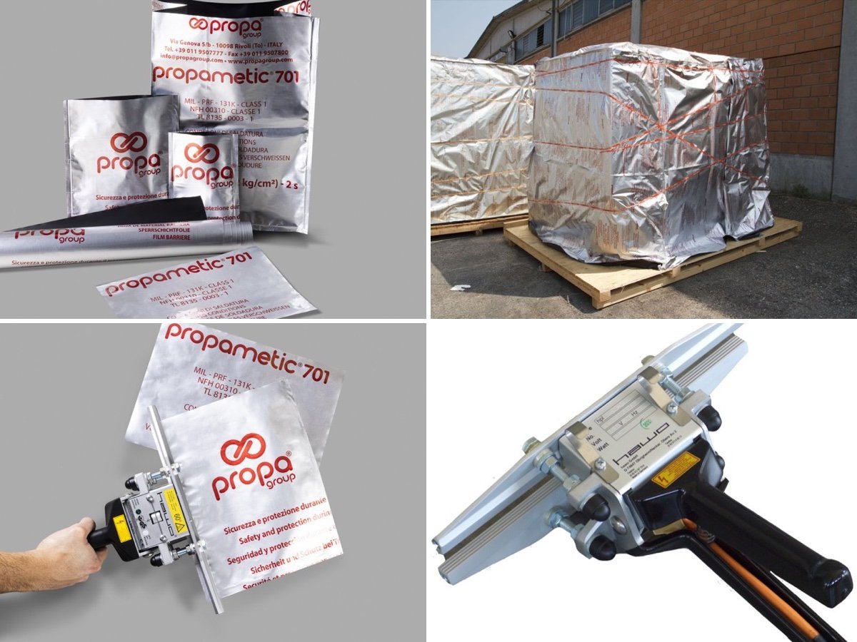 The Propametic barrier film family: bags and film, a crate sealed in barrier film, bag sealing and the hot-bar sealer