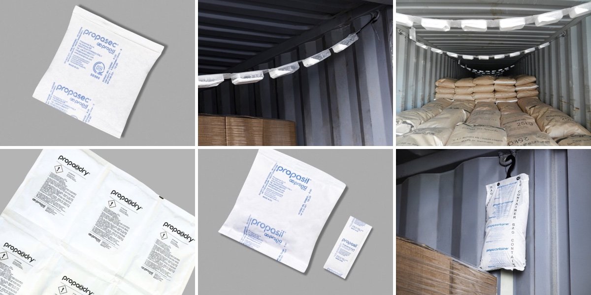 Propasec desiccants from Propagroup: Propasec bags, Propadry chains and panels in a container, Propasil and the Propacontainer hanging bag